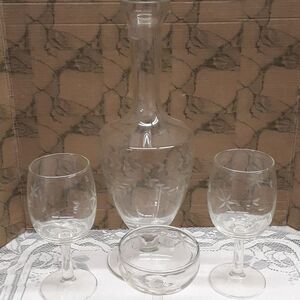 Glass decanter & 3 pc MCM Starflower stemware collection,Vintage Etched Crystal